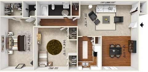 Floor plan for 2 beds, 1.5 baths, 1175 sqft
